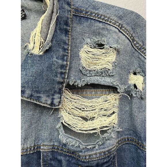 Boohoo Blue Distressed Denim Jacket Womens Size 14 Trucker Jean Pockets - Picture 8 of 9